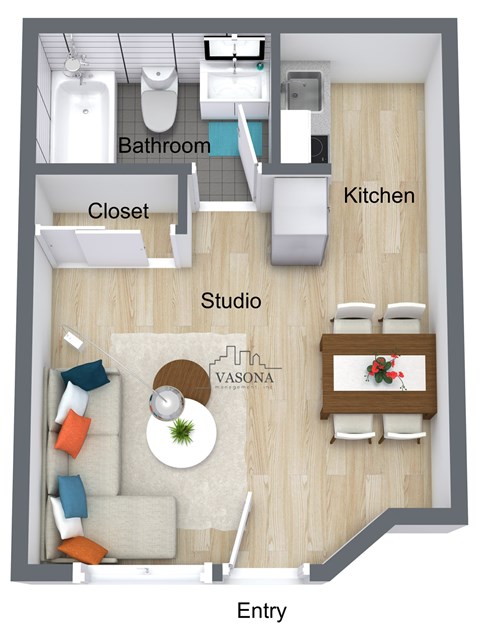 A floor plan of a studio apartment with a bathroom, kitchen, and living room.